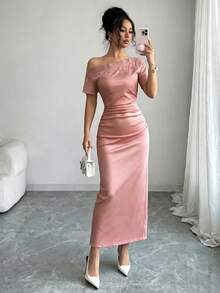 Rafferiza 女款緞面垂領撞色蕾絲露肩不對稱斜領縮腰修身緊身A字裙夏季 - 粉色 - 查看 6
