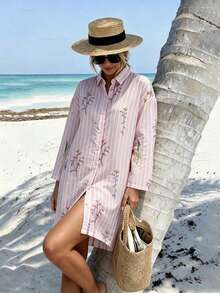 Vaclyn Women's Floral Print Striped Single-Breasted Shirt Dress, Suitable For Daily Wear, Vacation And Beach - Pink - View 3