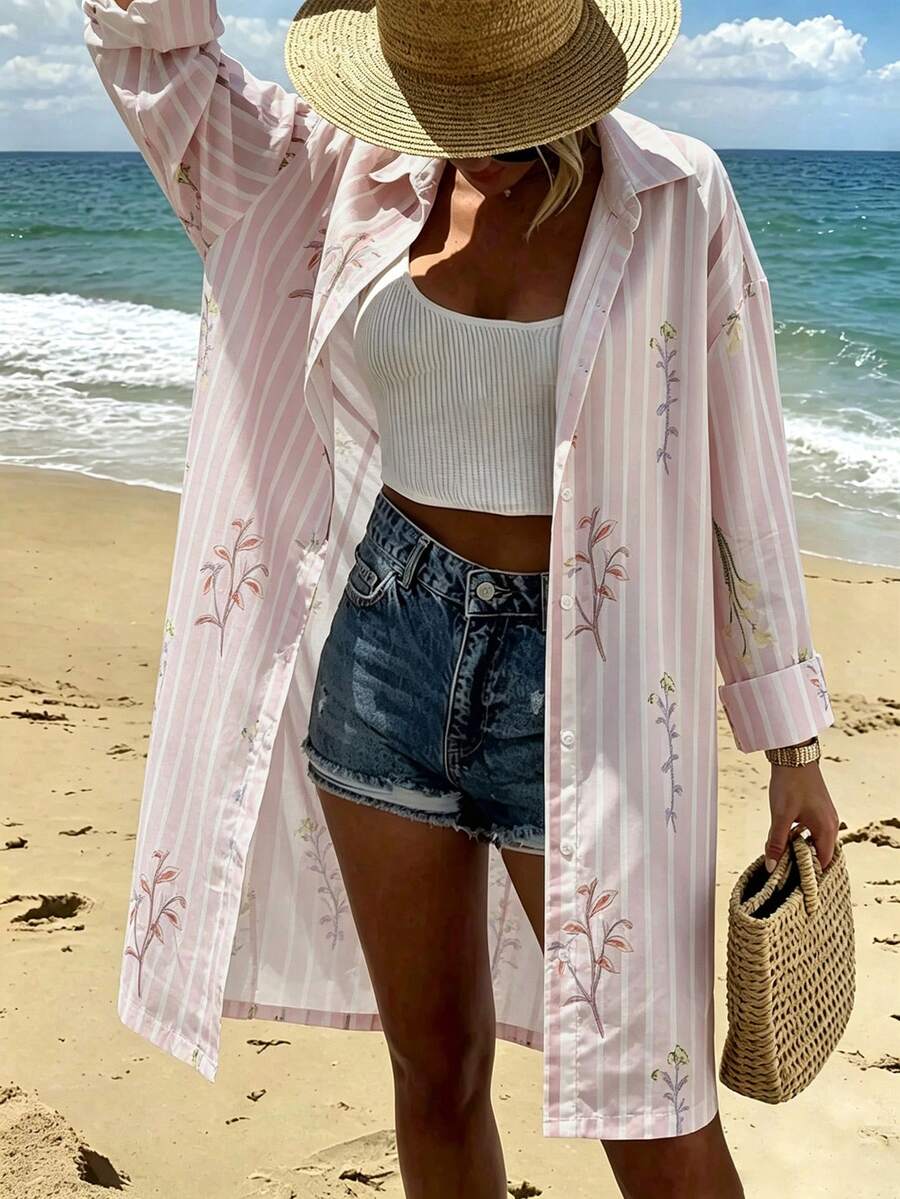 Vaclyn Women's Floral Print Striped Single-Breasted Shirt Dress, Suitable For Daily Wear, Vacation And Beach - Pink - View 1