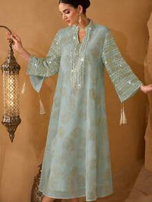 Al Najma 女款優雅工藝布料流蘇裝飾寬鬆長款晨袍 - 綠色 - 查看 3