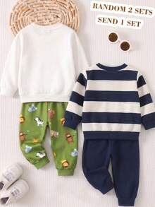 3 conjuntos aleatorios, se envía 1 conjunto, sudadera de cuello redondo de manga larga acanalada con estampado de reunión de animales alegre, fresco, casual, lindo y divertido, combinada con pantalones largos de estampado animal verde, adecuada para salidas diarias - Multicolor - Ver 3