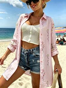 Vaclyn Women's Floral Print Striped Single-Breasted Shirt Dress, Suitable For Daily Wear, Vacation And Beach - Pink - View 6