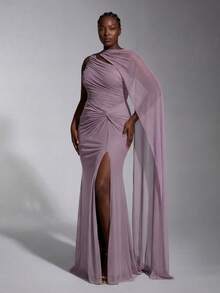 Elitara Plus Size Elegant Minimalist Grey-Purple One Shoulder Ruched Skirt With Knot Detail And Slit Mermaid Hem, Paired With Long Shawl, Suitable For Wedding, Event, Vacation, Birthday Party, Formal Evening Gown - Dusty Purple - View 6