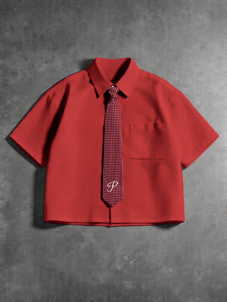 PAVTROS Men's Solid Color Loose Fit Short Sleeve Shirt With Tie - Red - View 1