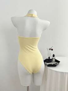Elamini Women's Spring/Summer V-Neck Front Knot Sexy Casual Minimalist Bodysuit - Light Yellow - View 2