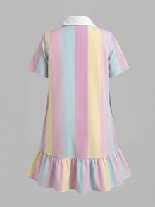 SHEIN Kids Tween Girl Blue And Yellow Striped Knight Print Button Half-Placket Short Sleeve Dress Back-To-School School Summer Cute Dress School Uniform - Multicolor - View 3