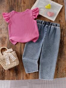 SHEIN Vintaside Kids 女童夏季亮粉色荷葉袖上衣與牛仔長褲兩件套，精緻粉色愛心刺繡甜美吸睛設計，簡約版型舒適休閒，適合外出、派對與日常穿著 - 粉色 - 查看 2