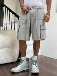 Manfinity EMRG 男士街頭風休閒多口袋工裝腰繩灰色牛仔短褲 - 灰色 - 查看 5