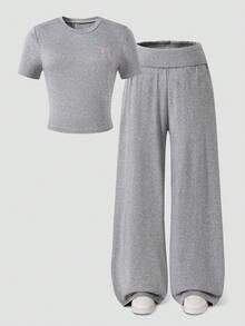 SHEIN 春/夏灰色青少年女孩兩件套，短版圓領T恤胸前粉色蝴蝶結印花，高腰寬腿垂墜感長褲，修身顯瘦適合各種腿型，適合校園、購物與居家穿著 - 灰色 - 查看 7