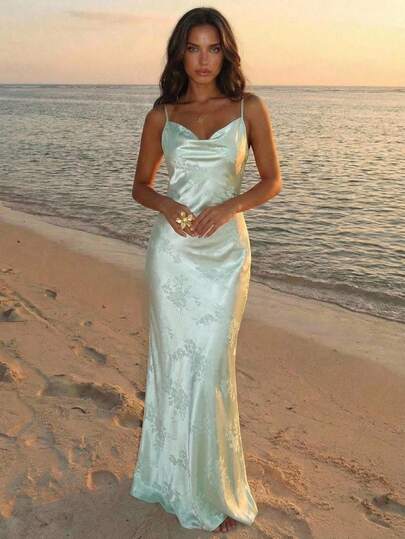 Aloruh Vestido longo de cetim verde claro com laço nas costas, elegante, romântico, feminino, estilo diosa, para festa e encontro
