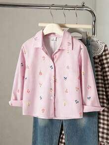 SHEIN Genkimix Kids 女童仿刺繡圖案粉色與白色條紋印花，清新輕盈設計，女童襯衫，領口長袖寬鬆休閒襯衫，花卉圖案，春/秋休閒襯衫 - 彩色 - 查看 7