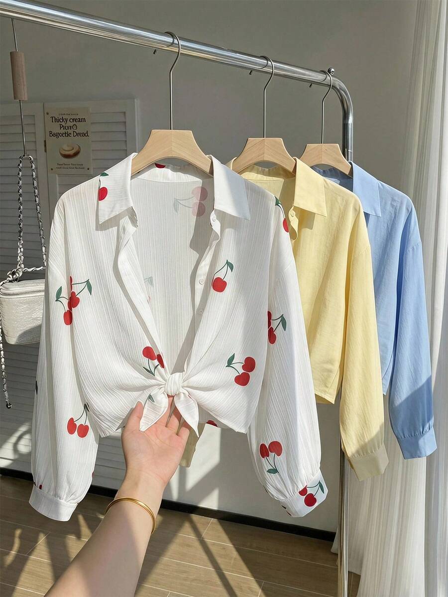 SHEIN Tween Girl White Collar Drop-Shoulder Cherry Pattern Sleeve Shirt, College Style Design, Versatile, Suitable For School Daily Wear, Spring And Summer - White - View 1