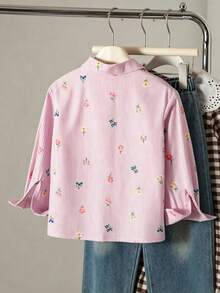 SHEIN Genkimix Kids 女童仿刺繡圖案粉色與白色條紋印花，清新輕盈設計，女童襯衫，領口長袖寬鬆休閒襯衫，花卉圖案，春/秋休閒襯衫 - 彩色 - 查看 2