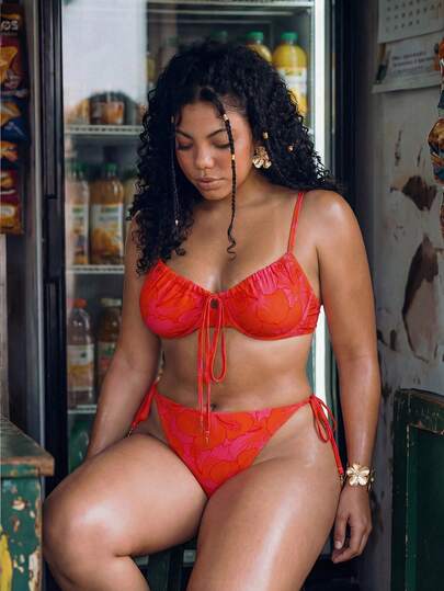 Swim Mod Plus Size Women 2pcs/Set Random Print Spaghetti Strap Sexy Beach Holiday Bikini Swimwear