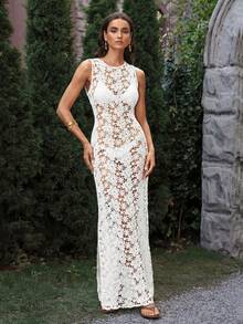 VOLUPTÉ CURVE Vestido de punto sexy con diseño floral calado para citas de mujer - Blanco - Ver 7