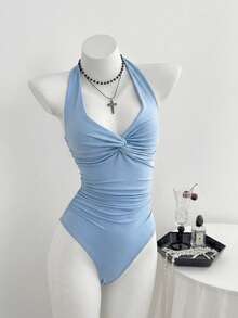 Elamini Bodysuit nữ cổ chữ V xoắn trước ngực, gợi cảm, phong cách tối giản thường ngày, xuân/hè - Màu xanh nhạt - Xem 4