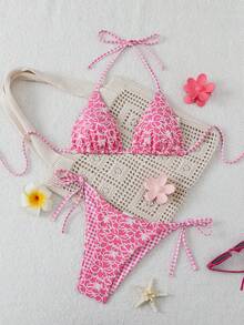 Swim Mod 女款 2 件組花卉提花夏季海灘掛脖綁帶格紋印花特殊面料比基尼泳衣套裝 - 彩色 - 查看 1