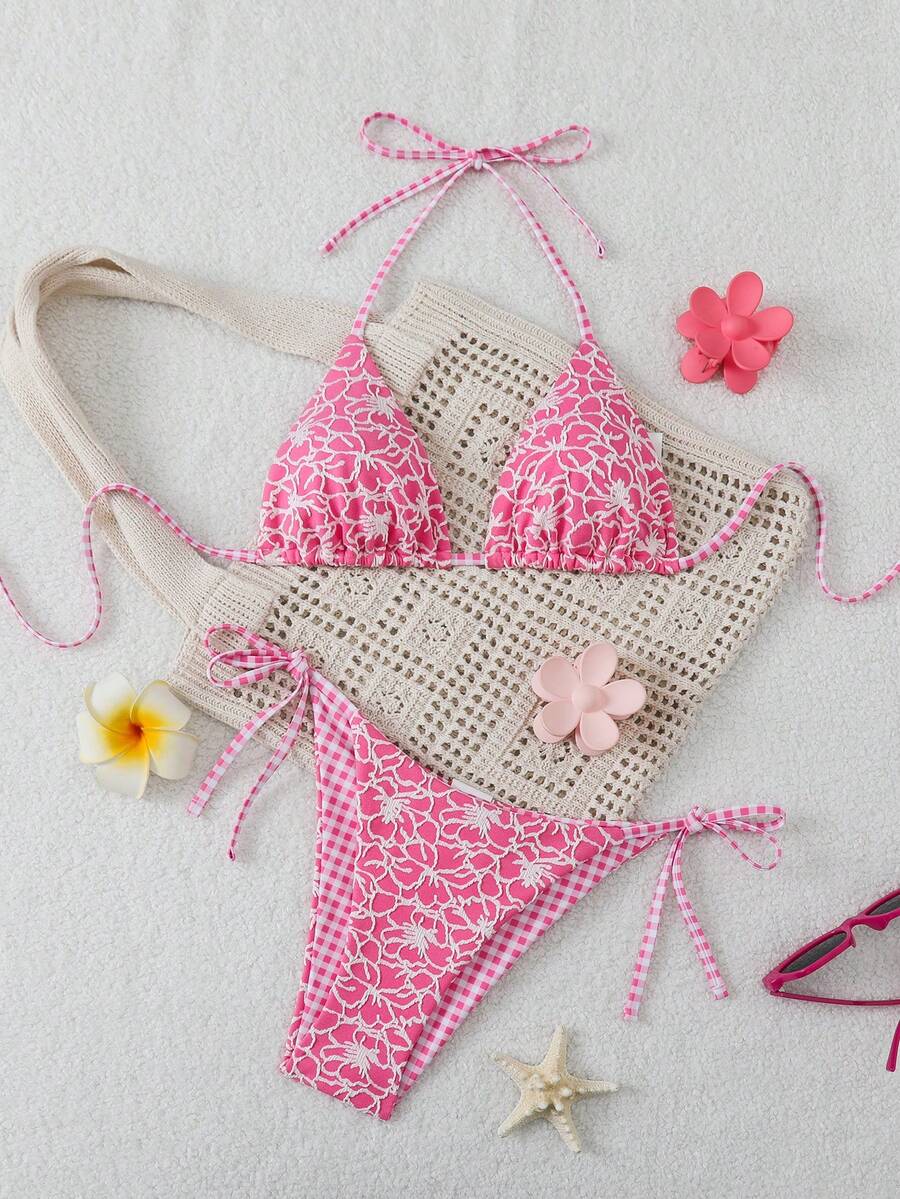 Swim Mod 女款 2 件組花卉提花夏季海灘掛脖綁帶格紋印花特殊面料比基尼泳衣套裝 - 彩色 - 查看 1