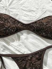 Costavie Swim Vcay 兩件式比基尼套裝，春夏海灘度假款，亮片紋理布料，掛脖平胸式上衣搭配側綁繩丁字褲，性感 - 咖啡棕 - 查看 4