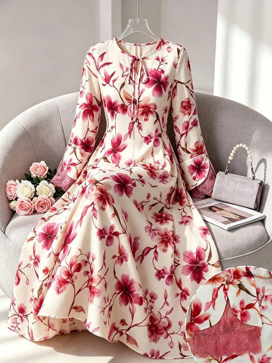 Yasmyna Round Neck Tie Dye Lace Patchwork Long Sleeve Loose Flowy Elegant Floral Print Dress For Women