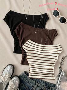 SHEIN Tween Girl Striped Asymmetrical Shoulder Casual Versatile Top,Random 1pc Sent - Multicolor - View 1