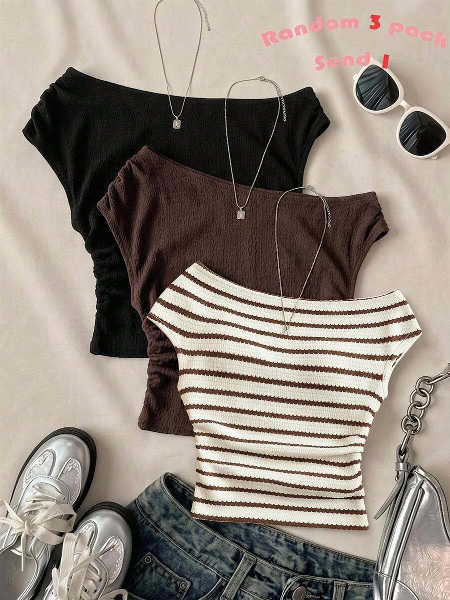 SHEIN Tween Girl Striped Asymmetrical Shoulder Casual Versatile Top,Random 1pc Sent - Multicolor - View 1