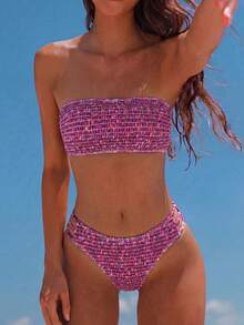 Swim Mod 2026 Spring/Summer Women's Bandeau Ruched Red Bottom Pink Ditsy Floral Random Print Backless Sexy Vacation High Cut Side Bikini Swimwear Two Pieces Set - Multicolor - View 1