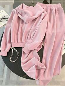 SHEIN 2件組女童連帽長袖拉鍊外套，腰部與袖口收邊，短版連帽衫，彈性腰寬鬆寬腿休閒運動褲，秋季 - 粉色 - 查看 4