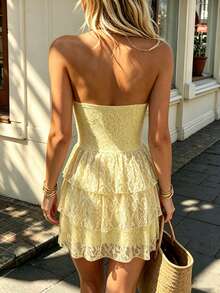 Cévolie Women's Lace Jacquard Strapless Short Dress - Yellow - View 2