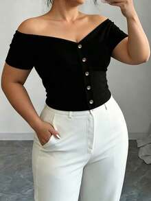 Elenzga Plus Size Women Solid Color One Shoulder Single-Breasted Short Sleeve Fashion T-Shirt - Black - View 1