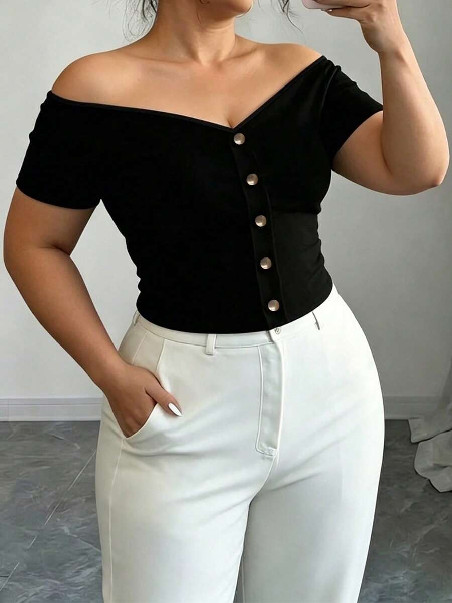 Elenzga Plus Size Women Solid Color One Shoulder Single-Breasted Short Sleeve Fashion T-Shirt - Black - View 1