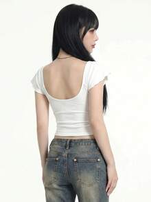 Sweetina 極簡性感休閒蕾絲 2 合 1 荷葉袖女款 T-shirt - 白色 - 查看 7