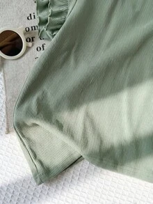SHEIN Tween女孩女童T恤套裝 梭織素色短袖T恤搭配碎花長褲休閒套裝 - 綠色 - 查看 4