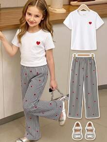 SHEIN Elladie kids 女童春夏休閒時尚新款T恤套裝，正面美式復古數字圖案印花，羅紋圓領，插肩袖T恤上衣搭配休閒長褲，2件套，適合女童美式復古高端極簡休閒舒適甜酷穿搭，適用日常穿著、上學、外出、度假、運動、派對、節日，春夏 - 黑與白 - 查看 6