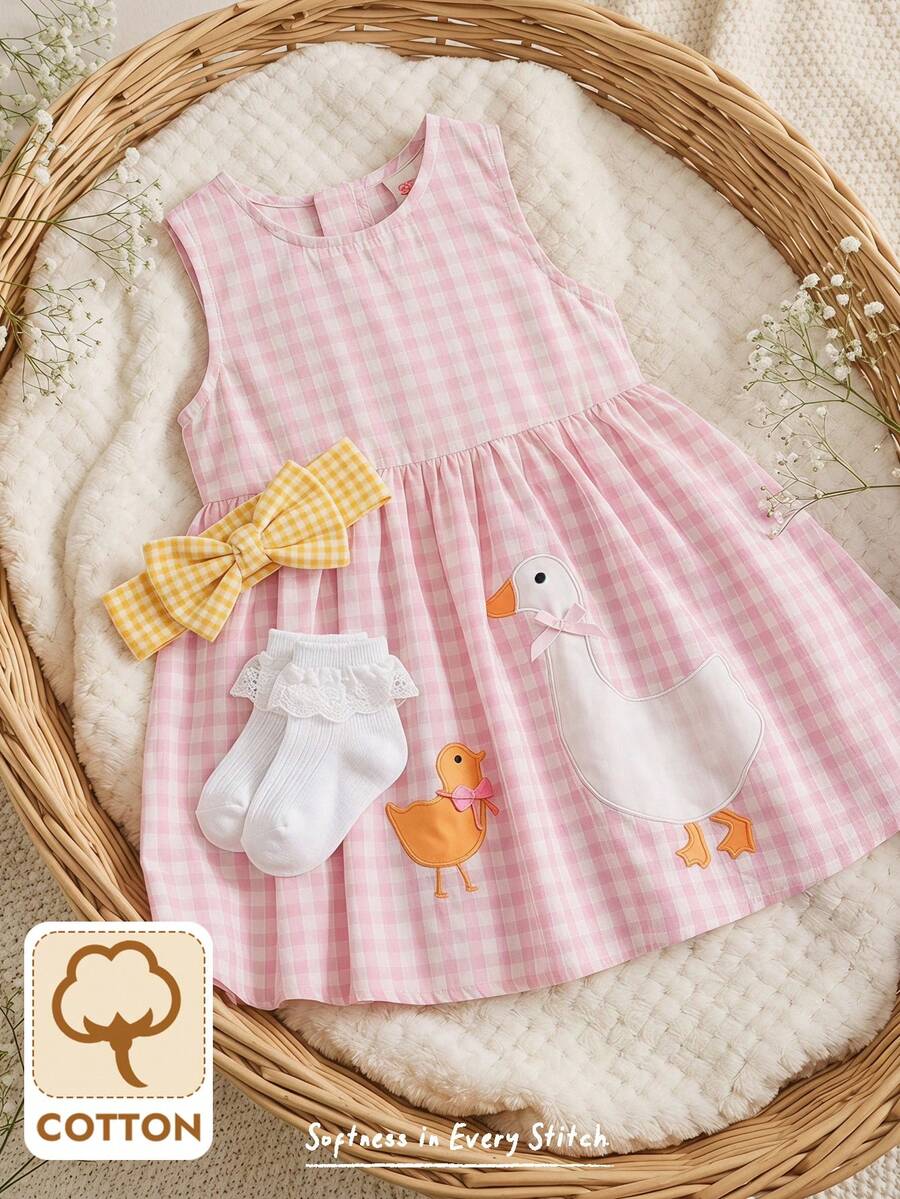 Cozy Pixies 女婴/幼儿格子卡通动物刺绣圆领无袖休闲连衣裙,百搭舒适,可爱甜美,卡通图案,童话风格,适合玩耍、居家、户外、日常穿着。 - 彩色 - 查看 1