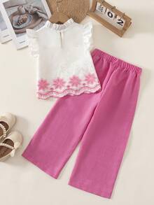 SHEIN Elladie kids 2件組女童夏季新款圓領露背水滴藍蝴蝶結假刺繡印花布料飛袖荷葉邊前綴蝴蝶結裝飾上衣休閒直筒短褲簡約復古時尚套裝 - 粉色 - 查看 2