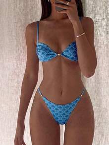 Swim Mod 女款海灘度假印花隨機仿珍珠裝飾性感比基尼兩件式泳衣套裝 - 彩色 - 查看 1