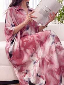 Al Najma Spring/Summer Loose Fit Short Sleeve Tie-Dye Multi-Color Lapel Collar Dress - Red - View 4