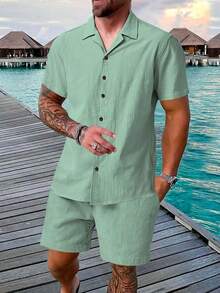 Manfinity RSRT 2pcs/Set Men Summer Solid Color Button-Up Shirt And Shorts Summer Two Pieces Set, Vacation Outfits, - Mint Green - View 1