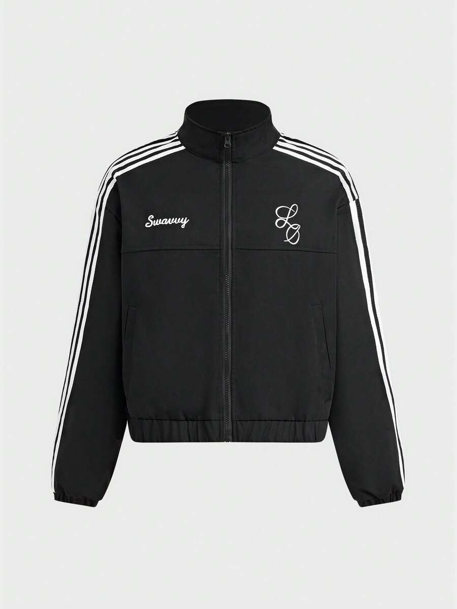 SWAVVY Men's Spring/Autumn Casual Colorblock Striped Letter Embroidered Zip Jacket, Outdoor - Black - View 1