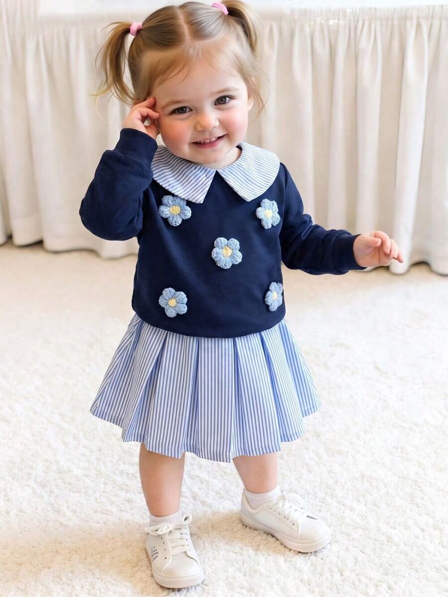 SHEIN Playful Pals 女嬰海軍藍藍白條紋拼接3D花朵裝飾衛衣百褶裙套裝 返校派對拍照用 秋季可愛款 - 藍色 - 查看 1