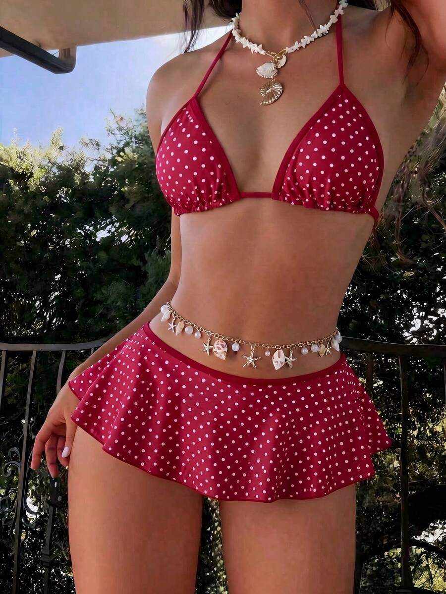 Swim Mod Women Red And White Polka Dot Bikini Set,Summer Tropical Beach Holiday Vacation,Spaghetti Strap Top&Ruffle Trim Contrast Bottom 2 Pieces Skirt Suit - Red - View 1