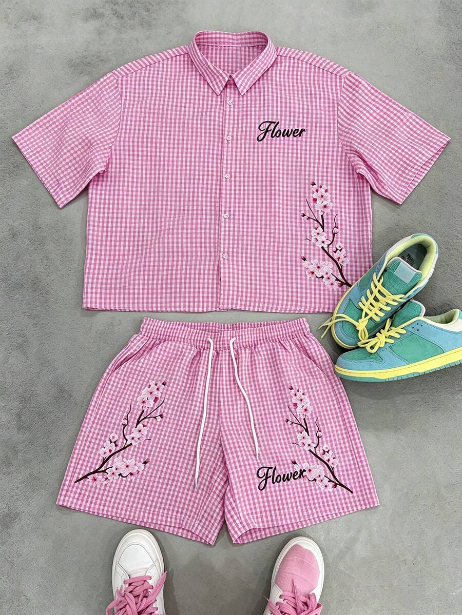 Manfinity Roghcode Herren Karo Buchstaben Blumen Muster Kurzarm Hemd und Shorts Lässig Alltag Set - Rot - Übersicht 1