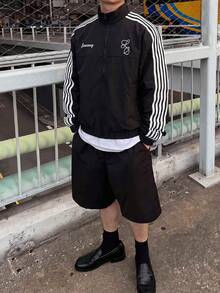 SWAVVY Spring/Autumn Casual Colorblock Striped Men's Jacket - Black - View 7