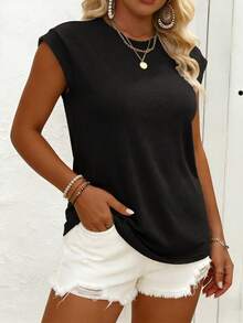 EMERY ROSE Women's Plus Size Casual Minimalist Batwing Sleeve Round Neck T-Shirt, Suitable For Spring And Summer Tops - Black - View 5