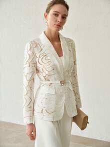 MOTF PREMIUM FASHION DESIGN EXQUISITE WAIST-CINCHED ELEGANT LONG SLEEVE TEXTURED EMBROIDERY WOMEN'S BLAZER - White - View 6