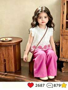SHEIN Elladie kids 2件組女童夏季新款圓領露背水滴藍蝴蝶結假刺繡印花布料飛袖荷葉邊前綴蝴蝶結裝飾上衣休閒直筒短褲簡約復古時尚套裝 - 粉色 - 查看 8