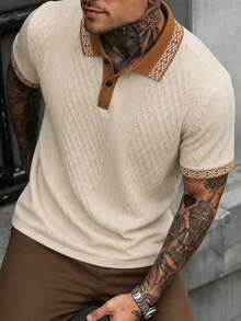 Manfinity Homme Camisa polo clásica de estilo bohemio con 2 botones, cuello y puños de punto jacquard de unicolor y ribete acanalado - Albaricoque - Ver 4