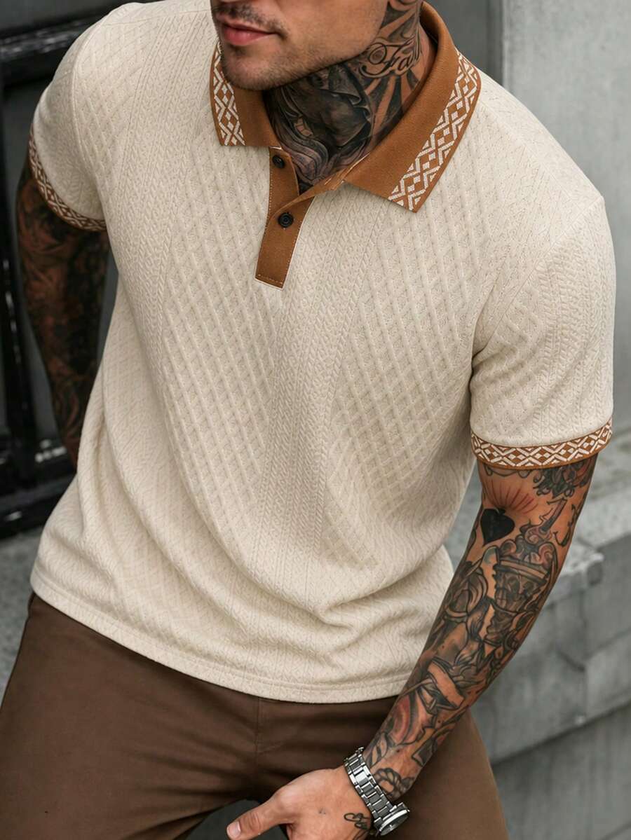 Manfinity Homme Men's Knitted Jacquard Solid Color Textured Collar & Cuff Ribbed Trim Bohemian Style Classic 2-Button Polo Shirt - Apricot - View 1