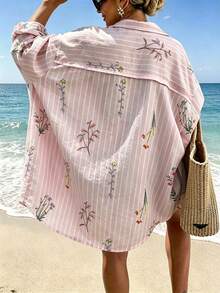 Vaclyn Women's Floral Print Striped Single-Breasted Shirt Dress, Suitable For Daily Wear, Vacation And Beach - Pink - View 1